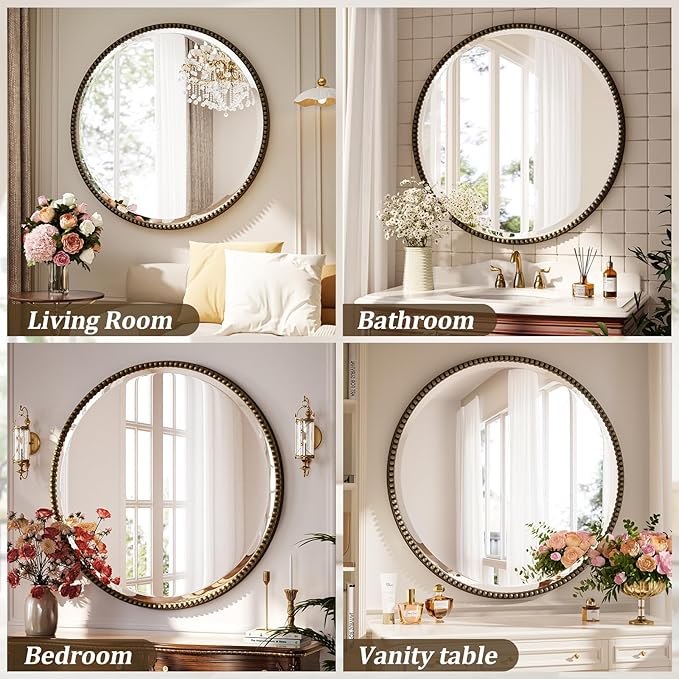 28 Inch Round Bathroom Mirror - Luxurious Retro Beaded Circle Decorative Wall Mirror with PU Frame Hanging Leaning as Art Decor for Entryway, Bedroom, Living Room, Hallway, Bronze