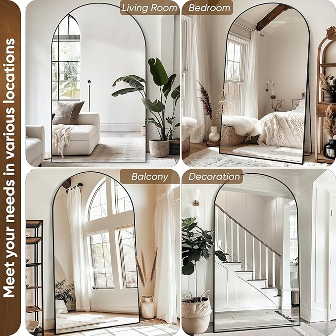 Antok Oversized Full Length Mirror with Stand, 88"x44" Arched Floor Mirror, Aluminum Frame, Wall Mounted/Leaning/Free Standing, Large Body Mirror for Bedroom Living Room Entryway Dressing Room,Black