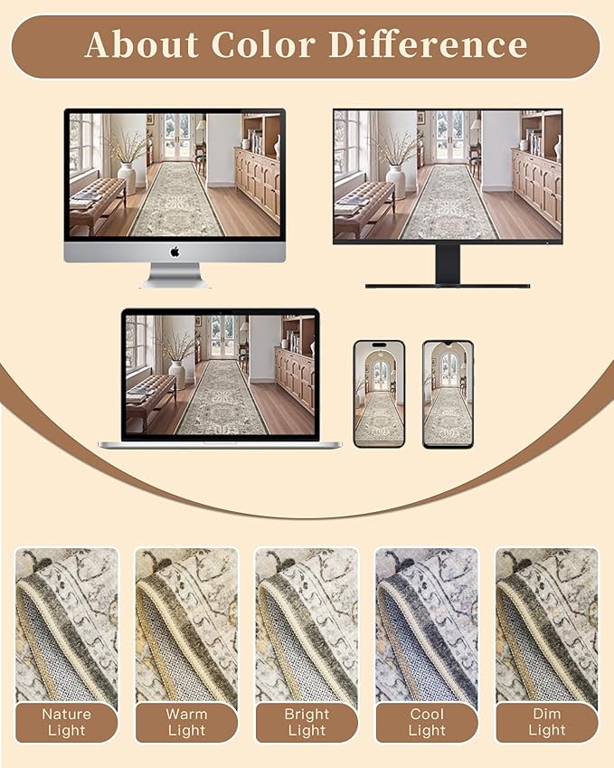 Madane Hallway Runner Rug 3x16 - Vintage Non Slip Washable 16ft Kitchen Runner for Entrance Soft Long Carpet Runners for Living Room Bathroom Low Pile Floor Mat for Bedroom Dining Room, Ivory/Brown