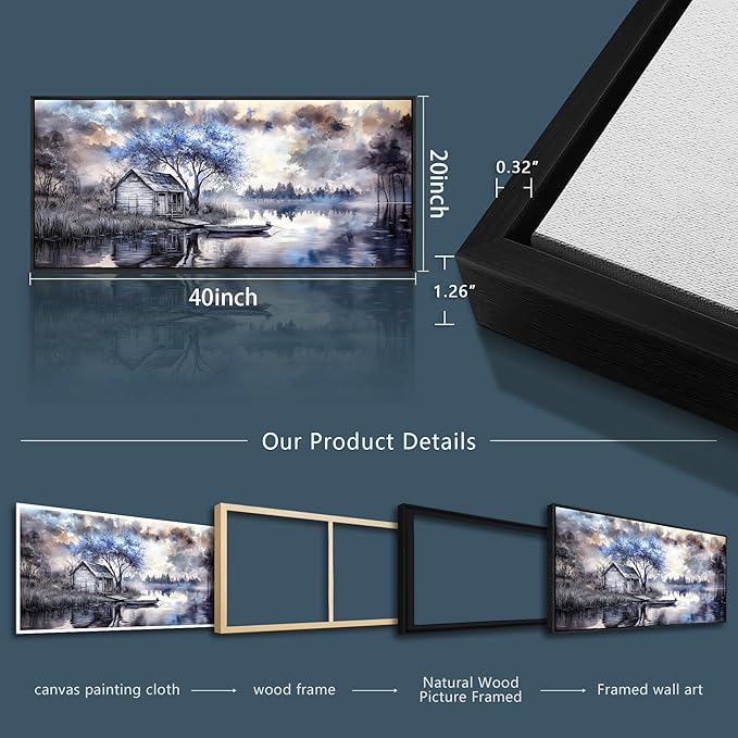 ERQINHUA Large Canvas Blue Tree Lakeside Landscape Painting Wall Decor For Living Room Restaurant Wall Art For Office Bedroom Artwork Pictures Modern Home Decor Ready To Hang Black Framed 32x72 In