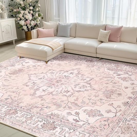 RELEANY Area Rugs 8'x10' Washable Non-Slip, Floral Vintage Distress Print Pattern Medallion Carpet for Living Room Bedroom Dining Room, Pink Greypink Cute