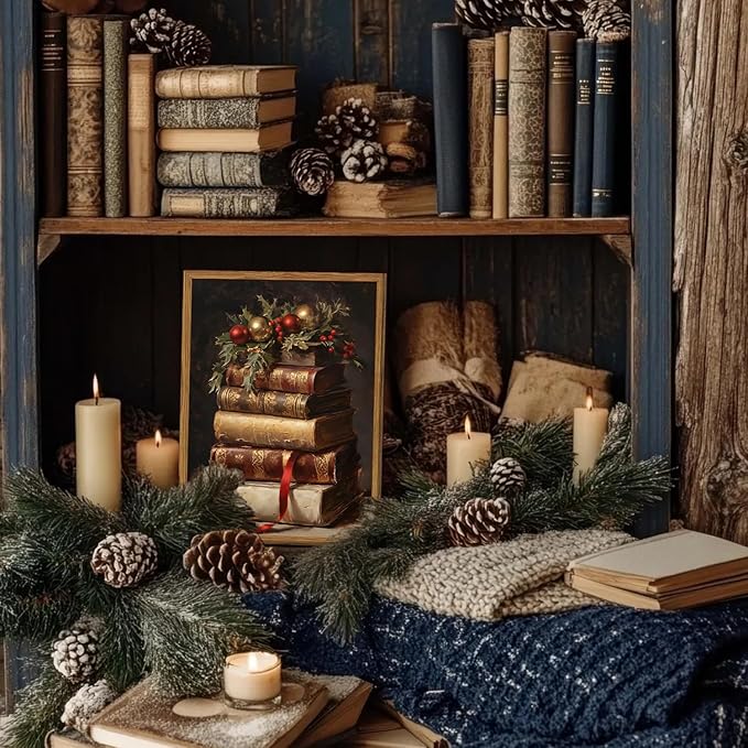 Framed Vintage Christmas Canvas Wall Art, Rustic Xmas Book Artwork Wall Decor Paintings, Retro Winter Holiday Pictures Prints Dark Academia Home Decor for Living Room Bedroom Libiary 16×24 inch
