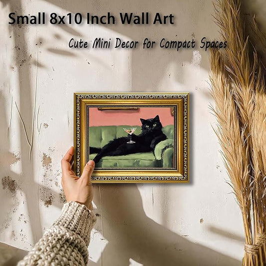 YD&YZY Gold Framed Funny Cat Wall Art Canvas Black Cat Martini Vintage Quirky Humor Bar Cart Wall Decor Cute Animal Painting Picture Print Artwork for Bedroom Living Room Bathroom 8x10 inch Small Framed