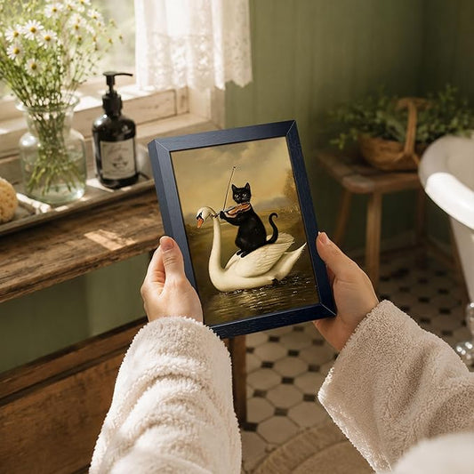 Funny Cat Wall Art Painting, Vintage Black Cat Playing Violin on Swan Wall Decor, Whimsical Animal Canvas Poster Print Picture for Bathroom Bedroom Apartment Decor 8x10 Inch Framed