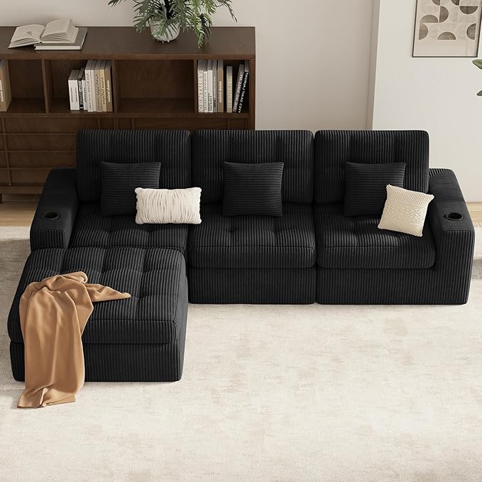 112" L Shaped Cloud Boneless Couch,Modern Modular Sectional Sofa with Layered Cushion,No Assembly Convertible Corduroy Couches for Living Room,Black 1 PCS