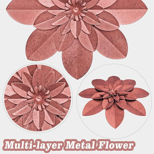 Rose Gold Metal Flower Wall Art Decor, 9.5“ Rustic Modern Floral Sculpture, Distressed Iron Wall Hanging Home Decoration Accent Artworks for Indoor Kitchen Bedroom Living Room Office Outdoor Garden