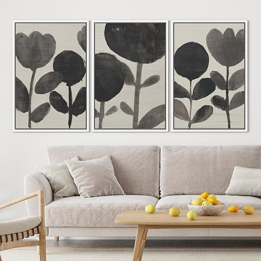 SIGNLEADER Framed Canvas Print Wall Art Set Black Ink Floral Silhouette Neutral Illustrations Minimal Decorative Bohemian Nordic for Living Room, Bedroom, Office - 24"x36"x3 WHITE