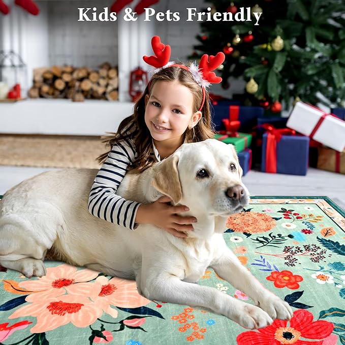 Macgace 2.5x8 Floral Runner Rug, Flowers Printed Washable Rugs with Non Slip Backing for Girls Bedroom Kitchen Hallway,Cute Carpet Runners Home Aesthetic Decor, Light Green