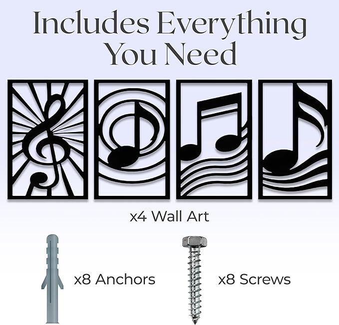 GALLERY GRACE Metal Wall Art Decor – 11" x 16" Set of 4 Single Line Abstract Wall Art for Living Room, Office, or Studio – Modern Minimalist Black Wall Decor with Music Note and Symbol Panels