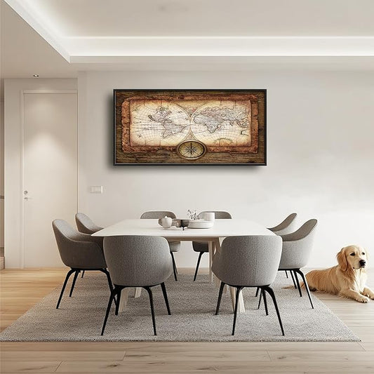Large World Map Wall Art Vintage Maps Pictures Wall Decor for Office Abstract Farmhouse Oversized Canvas Painting Rustic Extra Large Framed Artwork for Bedroom Living Room Ready to Hang 30"x60"
