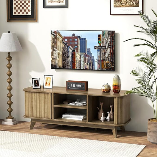 Tangkula Sliding Doors TV Stand for TV up to 55 Inch, Mid Century Modern TV Console Table, Television Cabinet w/ 2 Open Shelves & Sliding Doors, Home Media Entertainment Center for Living Room (Oak)