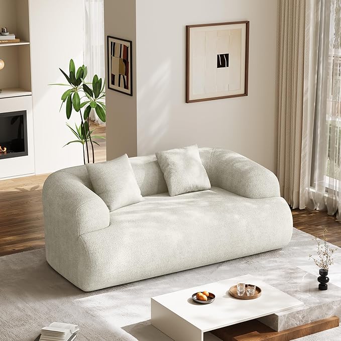 75" Boneless Cloud Loveseat, Modern Cute Curved Chenille Sofa, 2 Seater Compression Couch with 2 Pillows, No Assembly Required for Apartment Living Room, Beige White