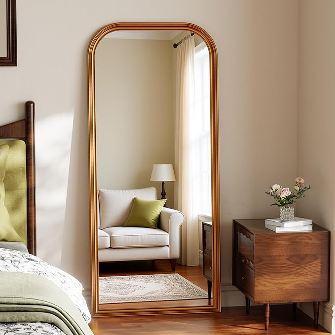 28"×69" Rounded Top Large Full Length Mirror, Arched Vintage Floor Stangding Body Mirror - PU Frame, Wall Mounted Hanging Leaning Antique Decor for Dressing Room, Entryway, Bedroom, Gold