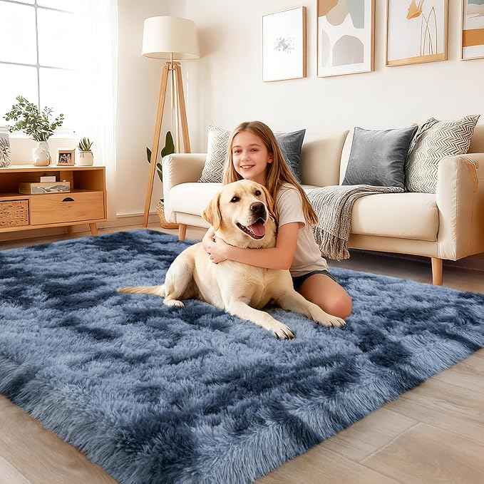 Rug for Living Room Bedroom, 5x7 Area Rugs for Living Room, Ultra Soft Modern Shaggy Carpets Fuzzy Rug for Boys Girls Dorm Nursery Home Decor Aesthetic, Upgrade Non-Slip Durable, Tie-Dyed Blue Grey