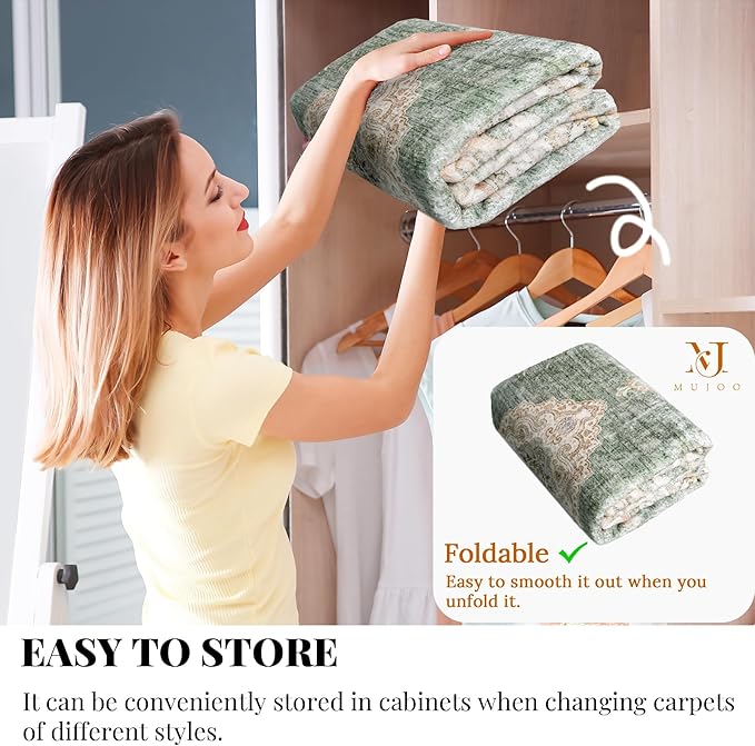 MUJOO Hallway Runner Rug - Machine Washable Non Slip Boho Green Runner for Hallways, Entryway, Kitchen, Bathroom, Bedside - Retro Soft Low-Pile 2'x6' Blossom.