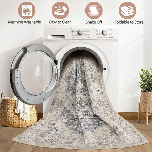 10x14 Area Rugs Living Room: Washable Boho Large Neutral Vintage Soft Rug Stain Resistant Distressed Farmhouse Non-Slip Indoor Floor Carpet for Bedroom Nursery Kids Office Dining Room- Brown Blue