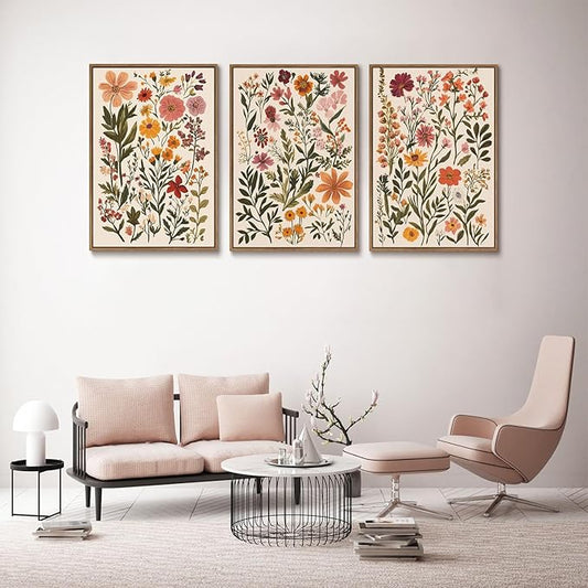 KISSFOX 3 Piece Boho Floral Canvas Wall Art For Bedroom Cottagecore Wild Flower Framed Wall Art Colorful Nature Modern Botanical Art Prints For Nursery Living Room,16x24 in