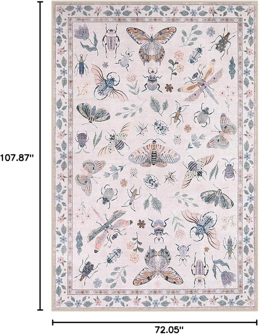 Lahome Insect Print Washable Rugs for Living Room, Soft 6x9 Pink Rug for Bedroom Ultra-Thin Non Slip, Stain Resistant Large Carpet for Dining Room Nursery Classroom Vionnet(6'x9',Pink)