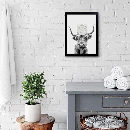 Toilet Paper On Head,Black Framed Funny Animal Prints, Vintage Black and White Rustic Style Cute Bathroom Cow Canvas Art Poster for Bathroom Restroom Decoration, Farmhouse Wall Decor
