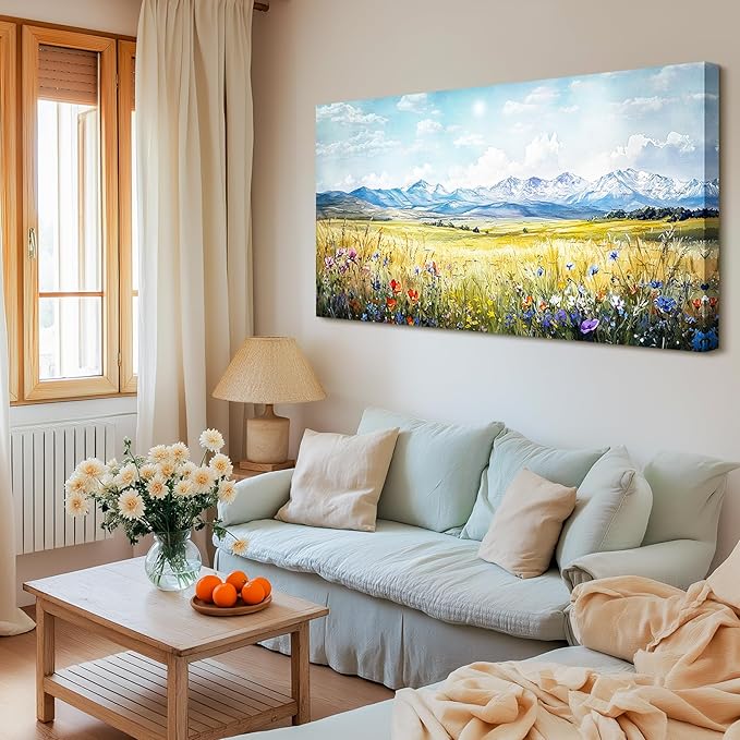 SERIMINO Outdoor Landscape Large Wall Art, Nature Country Scenic Canvas Art Prints, Meadow Wildflowers Big Artwork for Walls, Mountain Cloud Sunlit Pictures for Living Room Dining Room 29"X57"