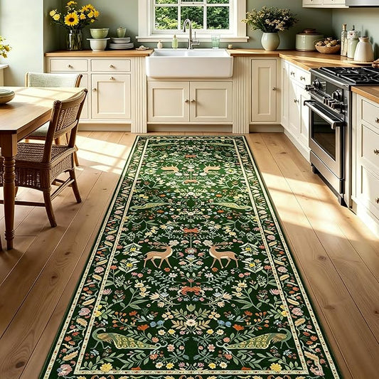 Lunasun Green Washable Floral 2x6 Runner Rug for Hallway- Stain Resistant Kitchen Runners, Botanical & Animal Indoor Floor Mat for Bathroom, Soft Non Slip with Rubber Backed