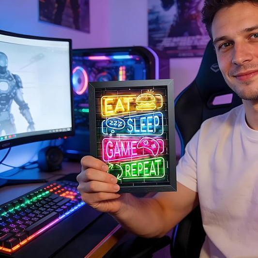Eat Sleep Game Repeat Neon Wall Art, Framed Canvas Print Painting, Colorful Gamer LED Style Poster with Controller Burger Design, Cool Gaming Room Wall Decor for Boys Teens Bedroom Playroom 8x10 Inch