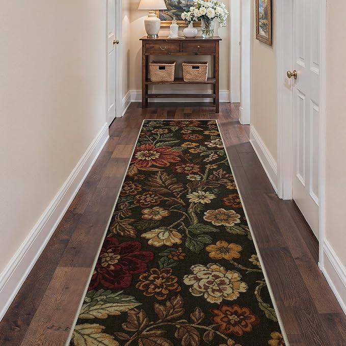 GENIMO 2X10 Washable Vintage Floral Print Runner Rug, Non-Slip Low Pile Stain Resistant Soft Chenille Carpet for Hallway Entryway Kitchen Corridor, Floral Brown