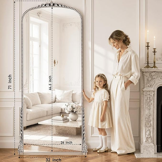 Antique Full Length Mirror 71" x 32", Antique Silver Arched Large Vintage Mirror in Baroque Style with Tempered Glass, Freestanding for Bedroom, Living Room, Cloakroom