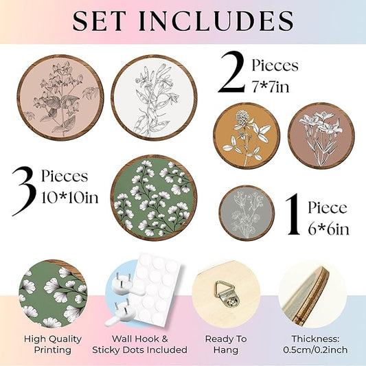 97 Decor 6 Pcs Wooden Boho Wall Art For Bedroom - Bohemian Plant Art Wall Decor, Vintage Botanical Prints Floral Pictures For Living Room, Kitchen, Office