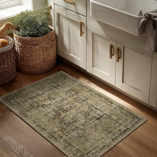 Washable 2x3 Entryway Rug, Boho Non-Slip Door Mat Vintage Distress Small Rugs for Kitchen Nursery Office Bedroom, 0.3" Neutral Oriental Throw Carpet with Cushioning Pad, Moss/Yellow/Multi, C3