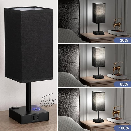 aooshine Black Lamp for Nightstand - Touch Table Lamp with Type C + A and AC Outlet, Square Charging Lamps for Bedroom Decor, Small Night Light for Office, Dorm Lamp for Men, E26 Bulb Included