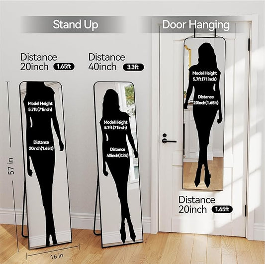SCWF-GZ Rectangle 57x16 Mirror Full Length Wall Mounted Hanging or Against Wall Metal Frame Dressing Make-up Mirrors for Entryway Bedroom Bathroom Living Room 57 16 inch Black