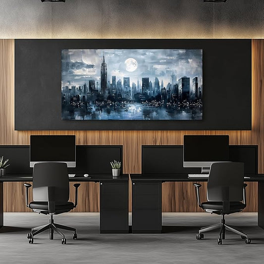 SERIMINO New York Skyline Wall Art Prints, City Night Landscape Large Canvas Painting, Abstract Urban Architecture Aesthetic Wall Pictures for Living Room Bedroom, Modern Office Decorations 29X57 Inch