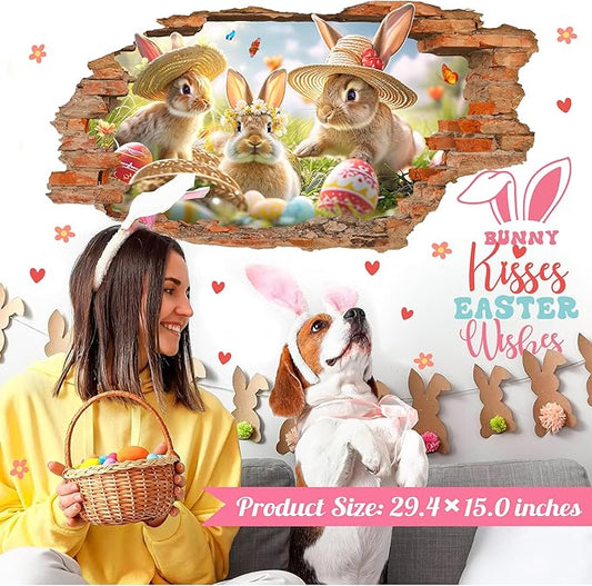 Easter Wall Decals Easter Decoration Stickers Bunny Wall Decals Peel and Stick Broken Wall Spring Landscape Wall Sticker Rabbits Vinyl Decal Art Murals for Home Living Room Kitchen Holiday Supplies