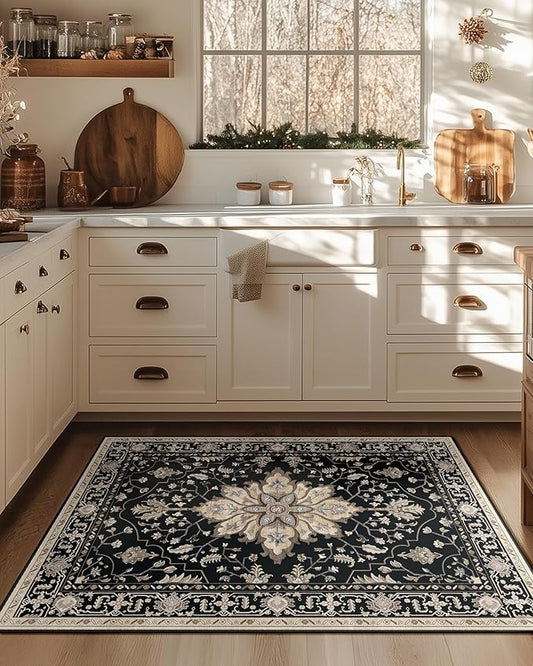 RELEANY Area Rugs 3'x4' Washable Non-Slip, Floral Vintage Distress Print Pattern Medallion Carpet for Living Room Bedroom Dining Room, Black Brown Neutral Dark Tan