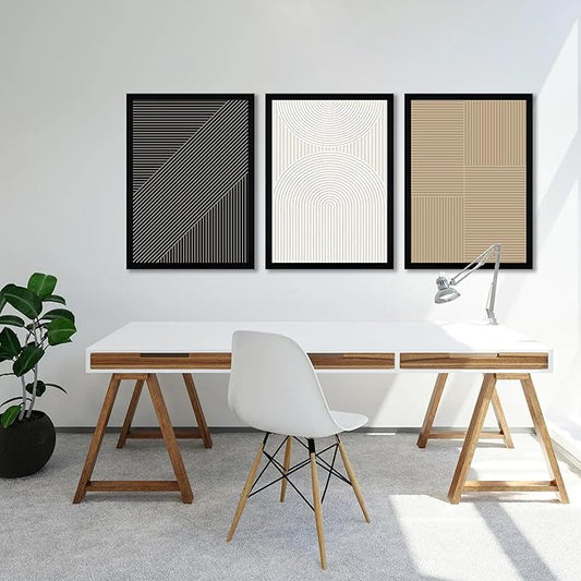 FWAHREN Framed Modern Abstract Minimalist Neutral Canvas Wall Art Set of 3, Geometric Textured Line Mid Century Prints Artwork, Contemporary Japandi Wall Decor, Living Room Bedroom Office, 16x24in