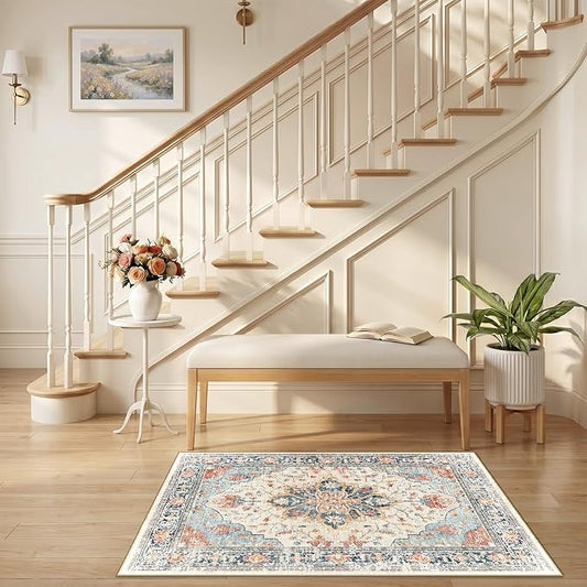 RELEANY Area Rugs 2'6"x4' Kitchen Rugs Entry Rug Small Rugs for Entryway Kitchen Bathroom Door Mat Indoor Entrance,Washable Non Slip, Beige Navy Blue Orange Colorful