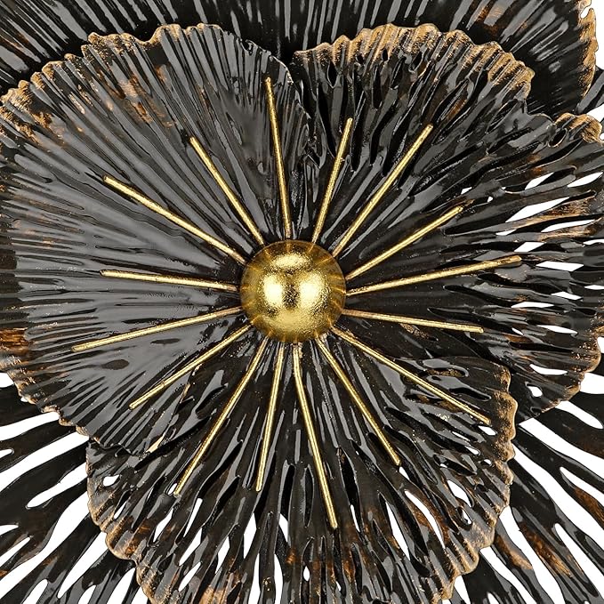 DILATATA 3 Pcs Metal Flower Wall Art Set 10 Inch Rustic Modern Floral Sculpture 3D Metal Flower Wall Hanging Accent for Indoor Living Room Bedroom Kitchen Bathroom Garden Patio Decor - Black
