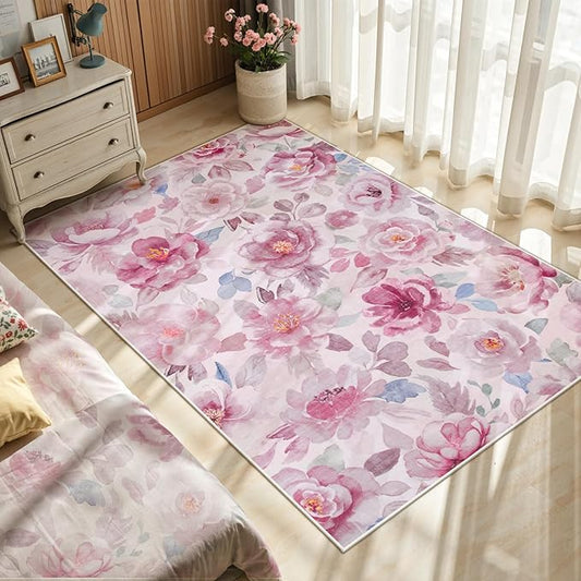 Lahome Floral 3x5 Area Rug for Bedroom, Non-Slip Entry Way Rugs Indoor Ulta-Thin Washable Stain Resistant Boho Throw Rugs for Bathroom Bedroom Vanity(3x5,Pink