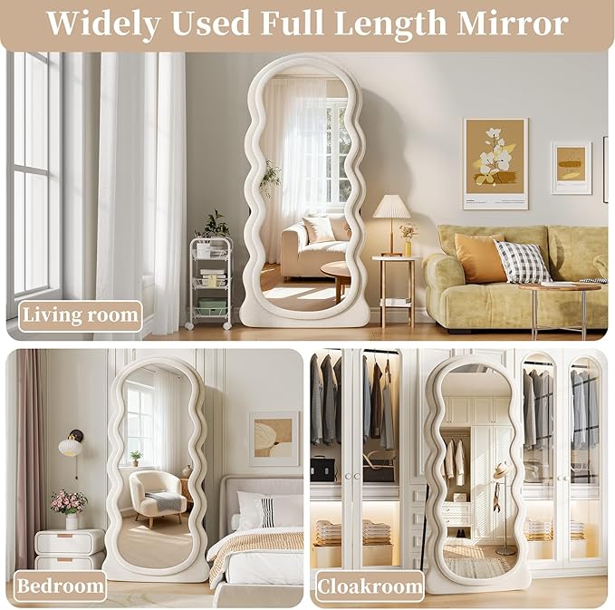 Wavy Full Length Mirror, 71"x30" Full Body Mirror, Flannel Floor Mirror with Stand, Large Mirrors Hanging or Leaning Against Wall for Bedroom Living Room, White