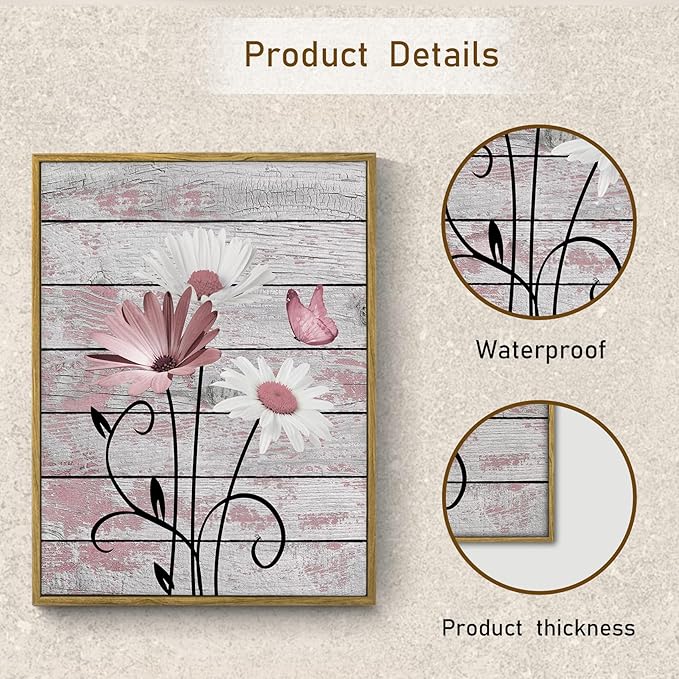 HVEST Farmhouse Floral Pink Wall Art for Bathroom, Rustic Daisy Butterfly on Grey Wood Canvas Wall Art Nature Flower Pictures for Bedroom Living Room Office Wall Decor Framed Artwork, 17L X 12W inches