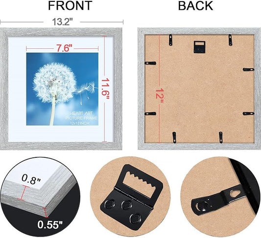 HEART ART 12x12 Grey Picture Frame Set of 9, Display Pictures 8x8 with Mat or 12 x 12 without Mat, Multi Collage Gallery Square Gray Photo Frames for Wall