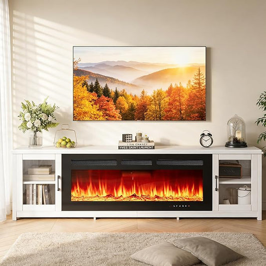 oneinmil 80" Fireplace TV Stand, 50 Inch Smart Fireplace & Modern Entertainment Center, Fire Place TV Console with WI-FI Enabled for TVs Up to 90", TV Stands for Living Room, White