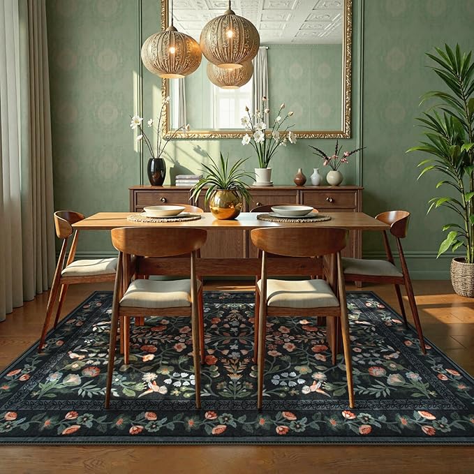Lahome Black Floral Washable Area Rug 8x10, Vintage Non Slip Stain Resistant Carpet for Living Room Bedroom, Low-Pile Soft Boho Rug for Dining Room Office, Machine Washable Home Decor, Black