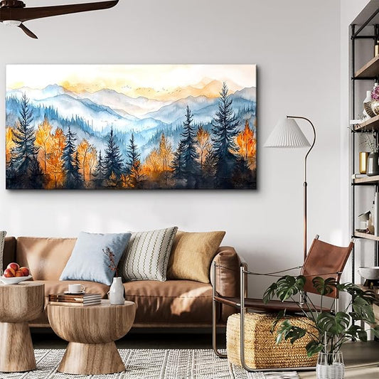 crmotu Landscape Wall Art, Mountain Wall Decor, Oversized Wall Art, Autumn Forest Scenic Watercolor Painting, Modern Pictures Wall Decor Living Room Bedroom Dining Room office Art Prints 29"X57"