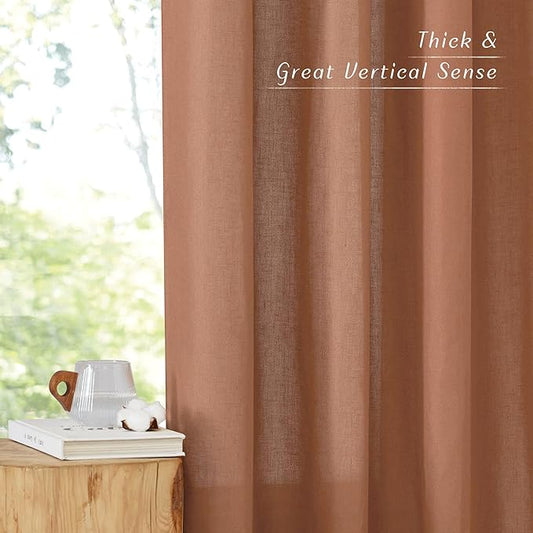 NICETOWN Caramel Linen Curtains for Kitchen, Thick Flax Small Window Treatments Semi Sheer Privacy Assured with Light Through for Cafe/Bathroom, W68 x L78, 2 Panels