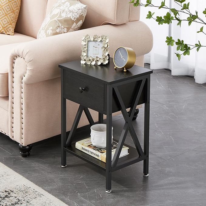 VECELO End Tables, Modern Nightstand with Drawer & Shelf, Night Stand for Bedroom Living Room,Industrial Metal Frame