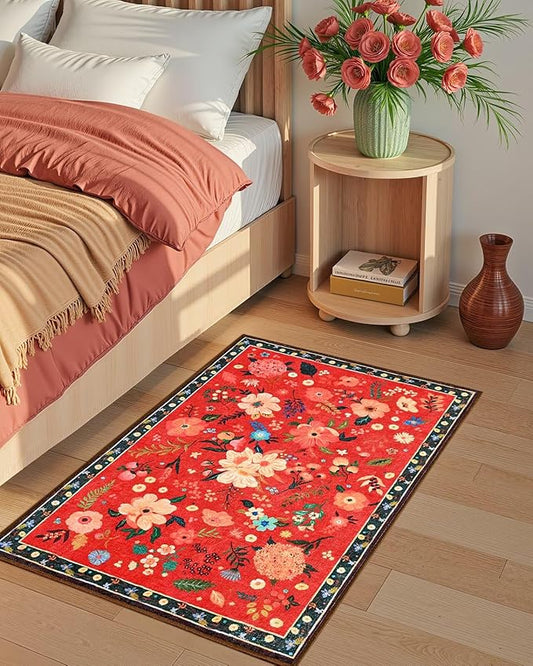 Macgace 2x3 Small Floral Rug for Entryway, Flowers Printed Washable Rugs with Non Slip Backing for Girls Bedroom Kitchen, Cute Throw Carpet Front Door Entry Decor, Christmas Red