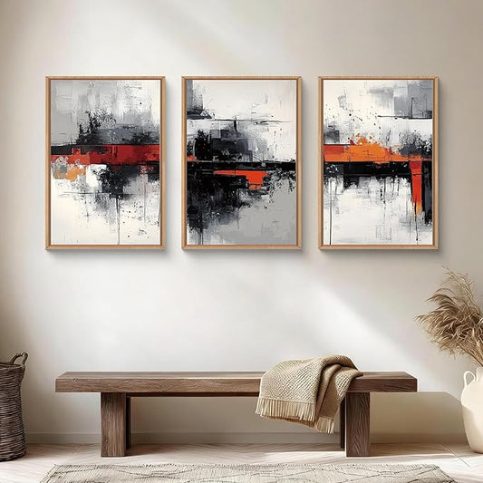HOURIA Modern Abstract Framed Canvas Wall Art Set,Neutral Black and Orange Wall Decor,Textured Gray White Wall Painting,Pastel Strokes Art Prints for Living Room, Bedroom, Farmhouse-24 x36 x3