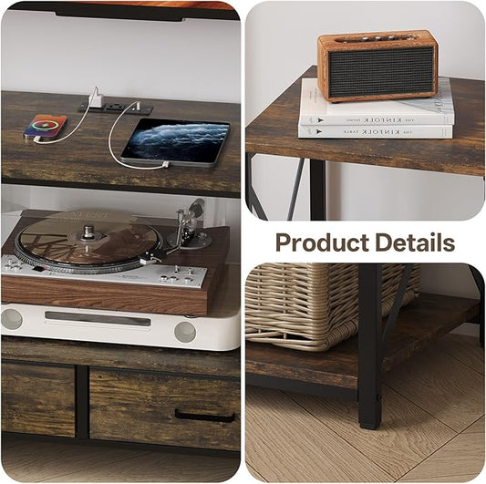 LED TV Stand with 2 Fabric Drawer - 63" Industrial TV Console Table with Open Storage Shelves for Living Room,Bedroom, Entertainment Center TV Stands for 65-75" TV - Black Steel Frame